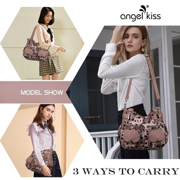 NWT!! Women's Pink and Black Designer Leopard Leather Crossbody Shoulder Handbag - Picture 5 of 7